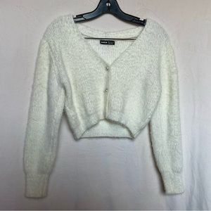 Shein white faux fur cropped cardigan sweater furry pearl button cover up Medium